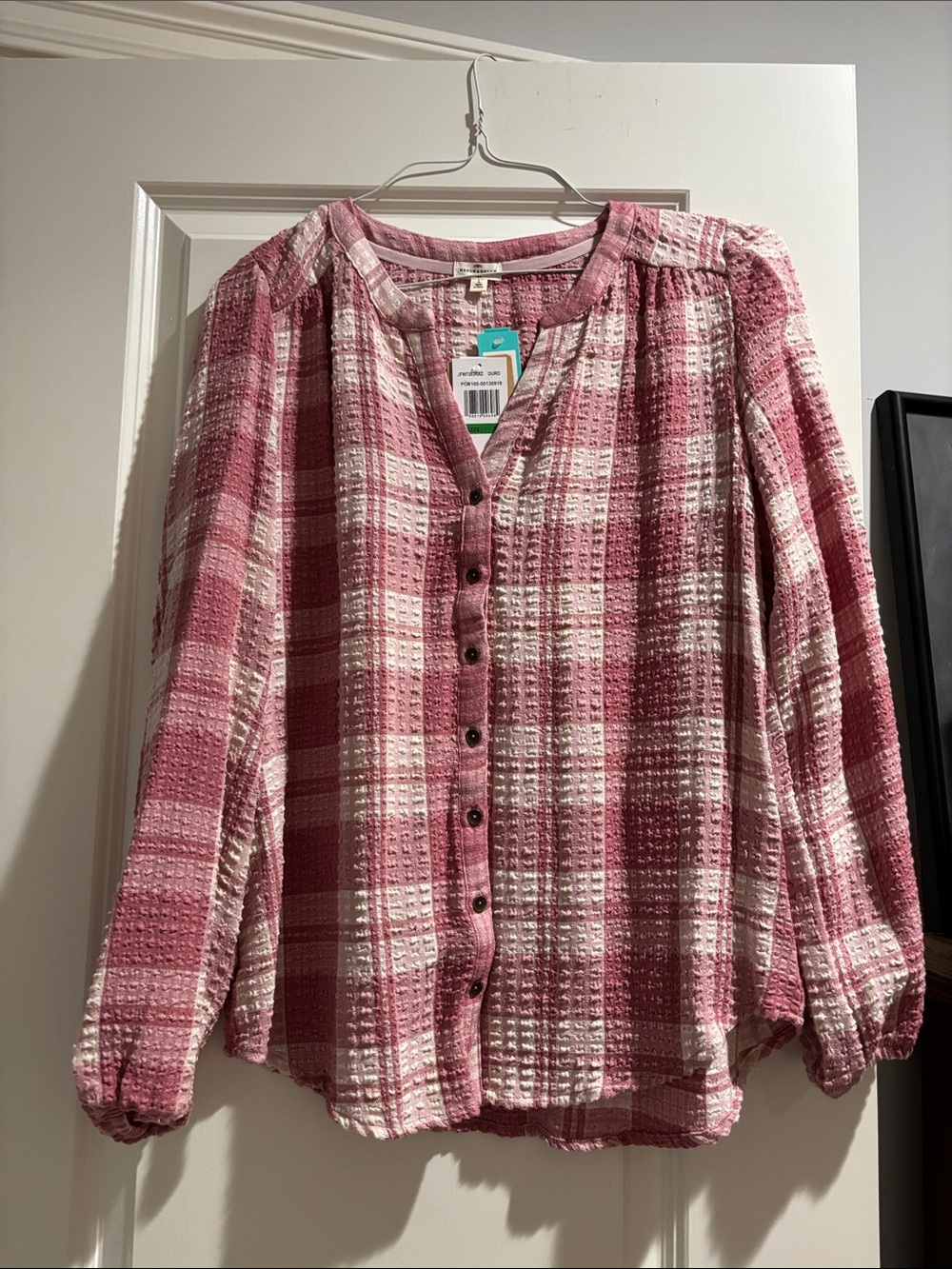Women’s Pink Plaid Button-Front Peasant Blouse